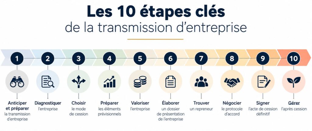 Les 10 étapes clés de la transmission d’entreprise, de l’anticipation de la cession jusqu’à la gestion de l’après-cession.