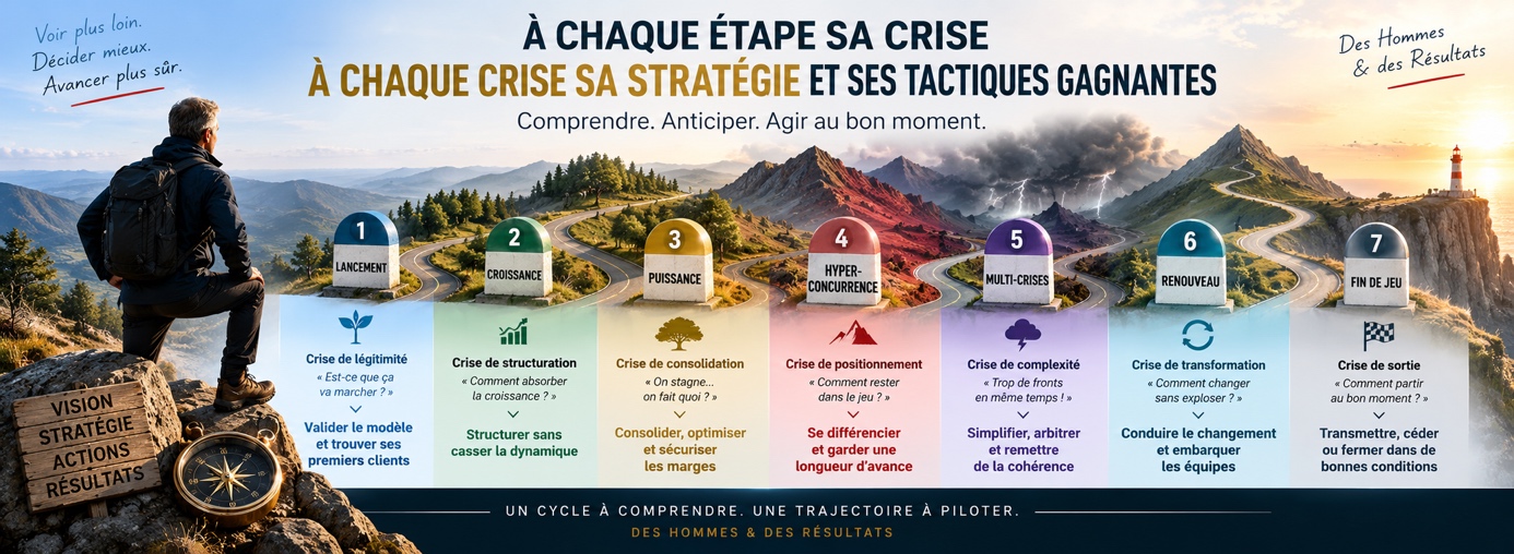 Les 7 étapes de la vie d'une entreprise et leurs crises : lancement (légitimité), croissance (structuration), puissance (consolidation), hyperconcurrence (positionnement), multi-crises (complexité), renouveau (transformation), fin de jeu (sortie)