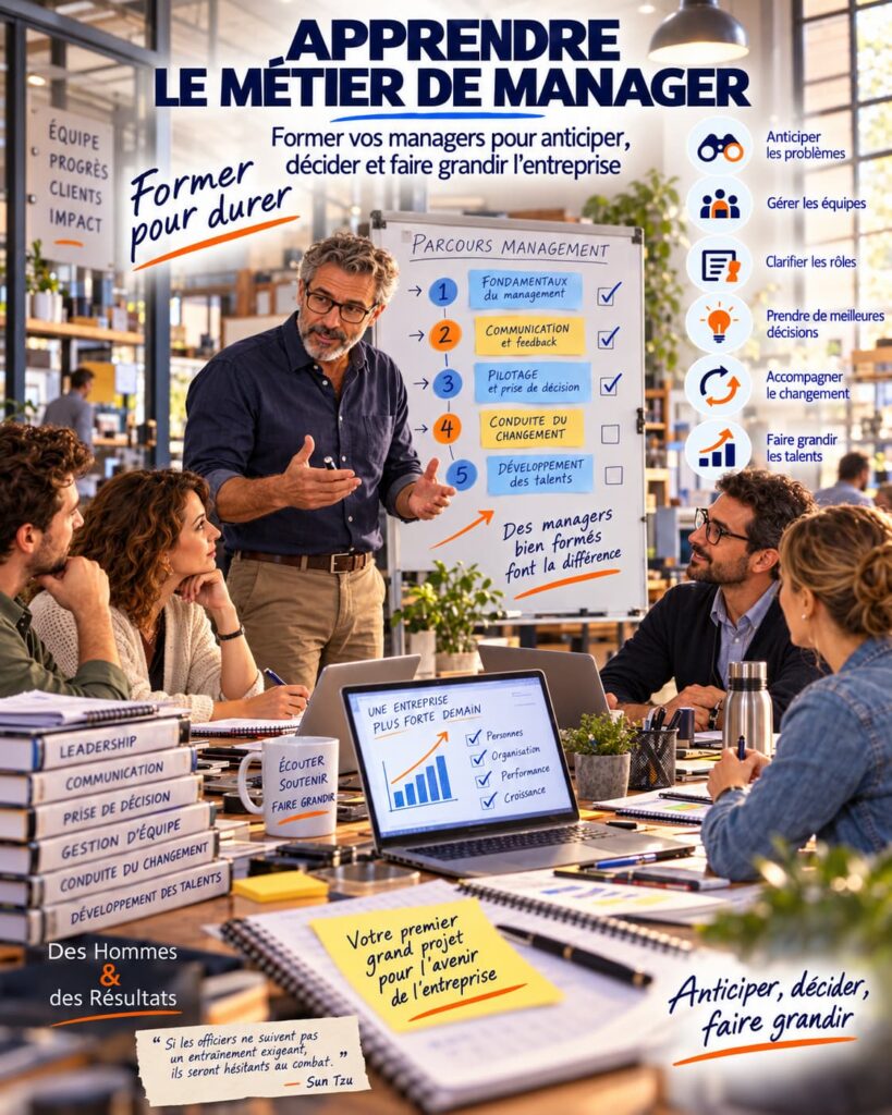 Réunion de formation au management dans un atelier-bureau pour aider les managers à anticiper, décider et faire grandir l’entreprise