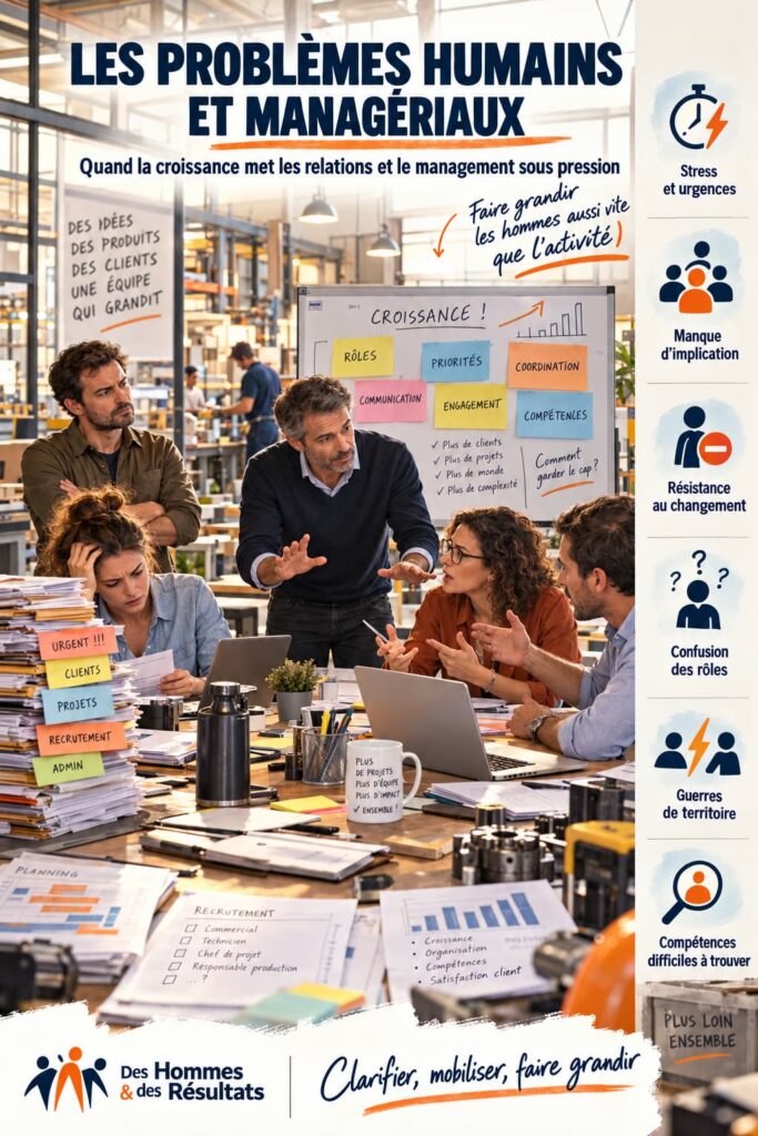 Équipe sous tension dans un atelier-bureau, confrontée aux problèmes humains et managériaux liés à la croissance