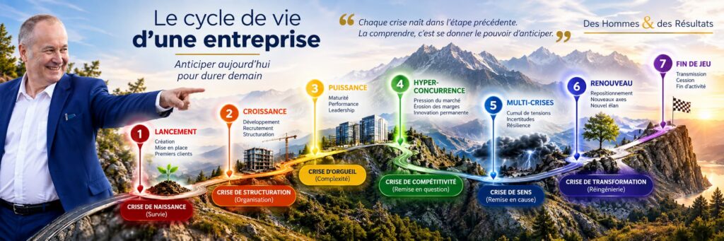 Cycle de vie de l’entreprise en 7 étapes, du lancement à la fin de jeu, avec les crises à anticiper à chaque phase.