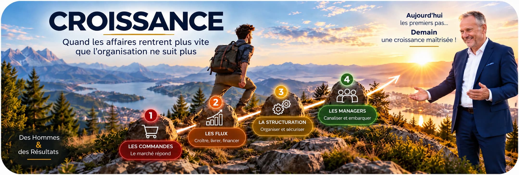 Bandeau illustrant la phase de croissance d’une entreprise, de l’augmentation des commandes à la structuration et au renforcement du management
