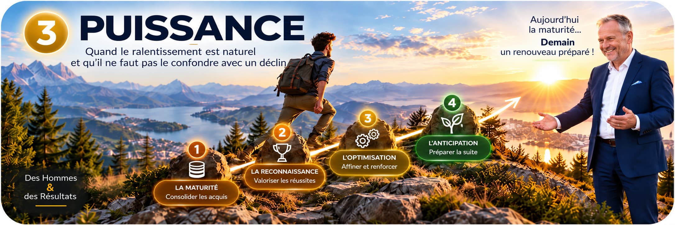 Bandeau illustrant la phase de puissance d’une entreprise, entre maturité, reconnaissance, optimisation et anticipation