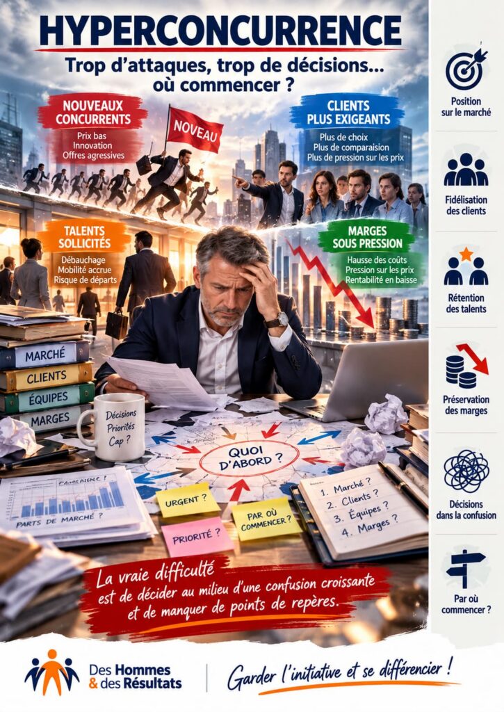 Hyperconcurrence : dirigeant confronté simultanément aux nouveaux concurrents, aux clients exigeants, au départ des talents et à la baisse des marges.