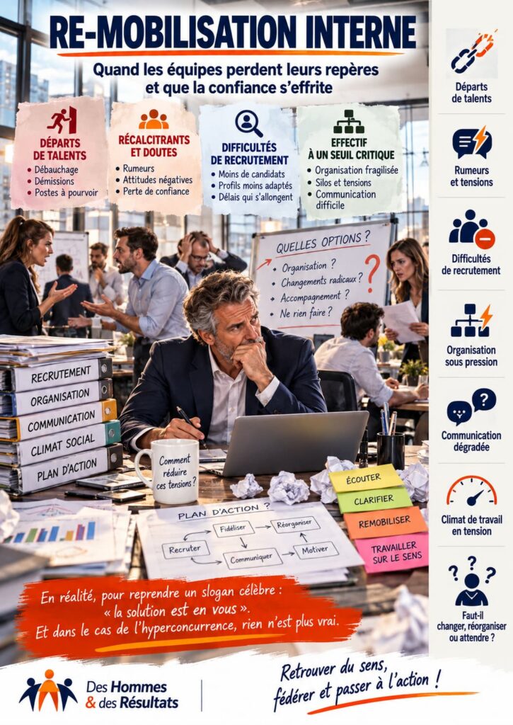 Remobilisation interne en phase d’hyperconcurrence : départs de talents, difficultés de recrutement, tensions, communication dégradée et organisation sous pression.