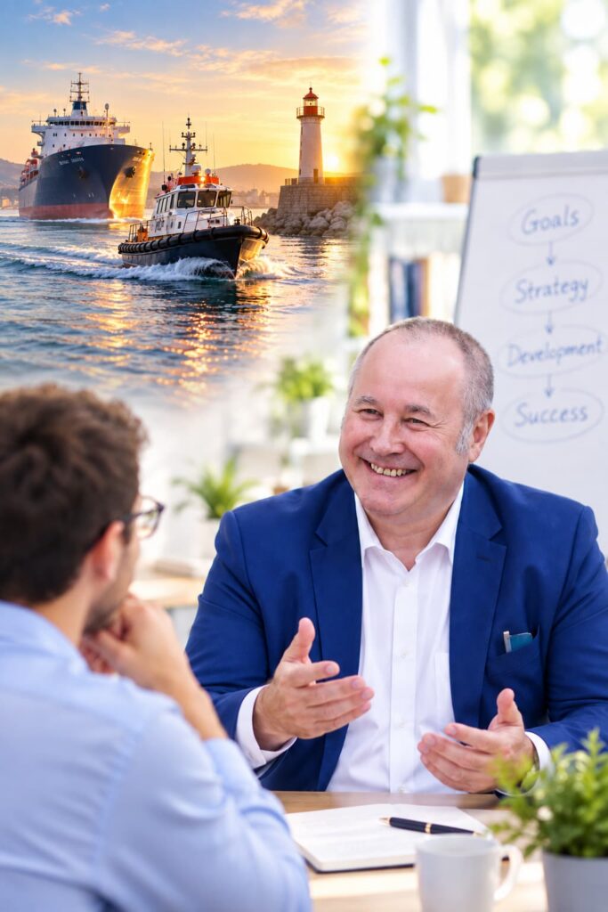 Marc Roussel en entretien de coaching avec un dirigeant, avec un bateau-pilote symbolisant l’accompagnement dans les passages délicats