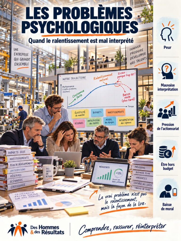 Équipe de direction en atelier-bureau confrontée à une mauvaise interprétation du ralentissement dans la phase de puissance