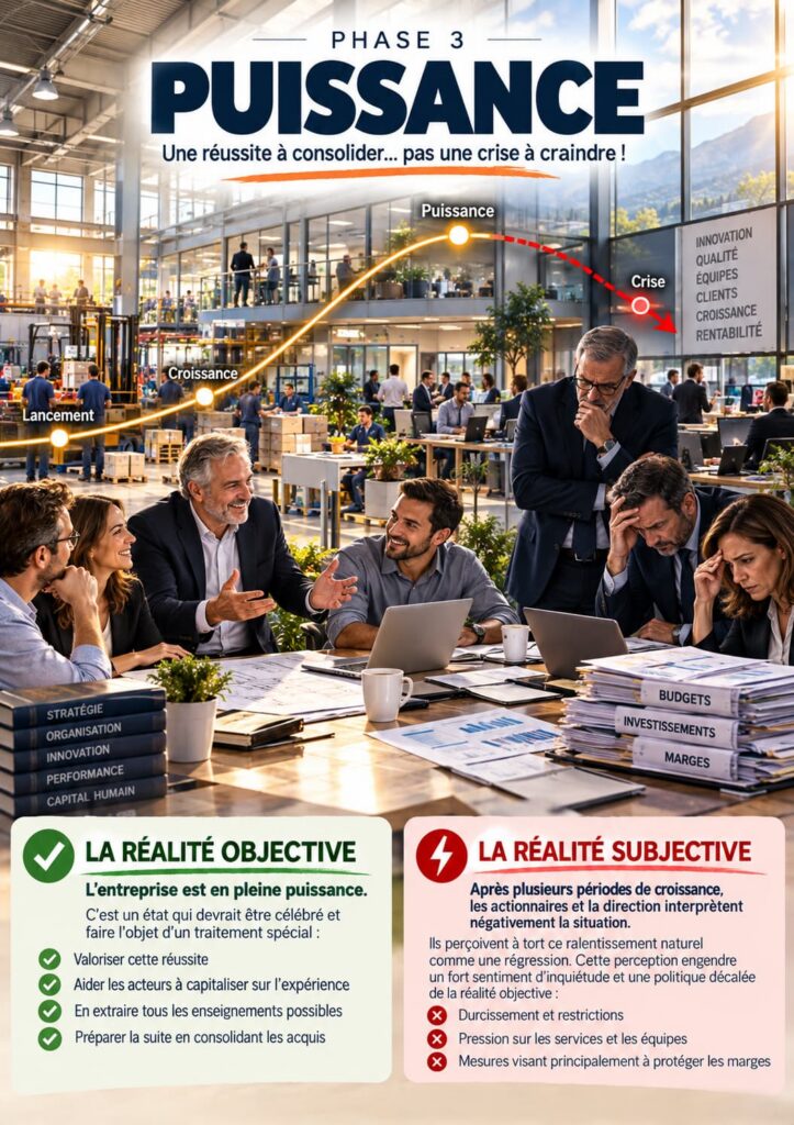 Équipe de direction confrontée à deux lectures de la phase de puissance : réussite à consolider ou crise perçue à tort