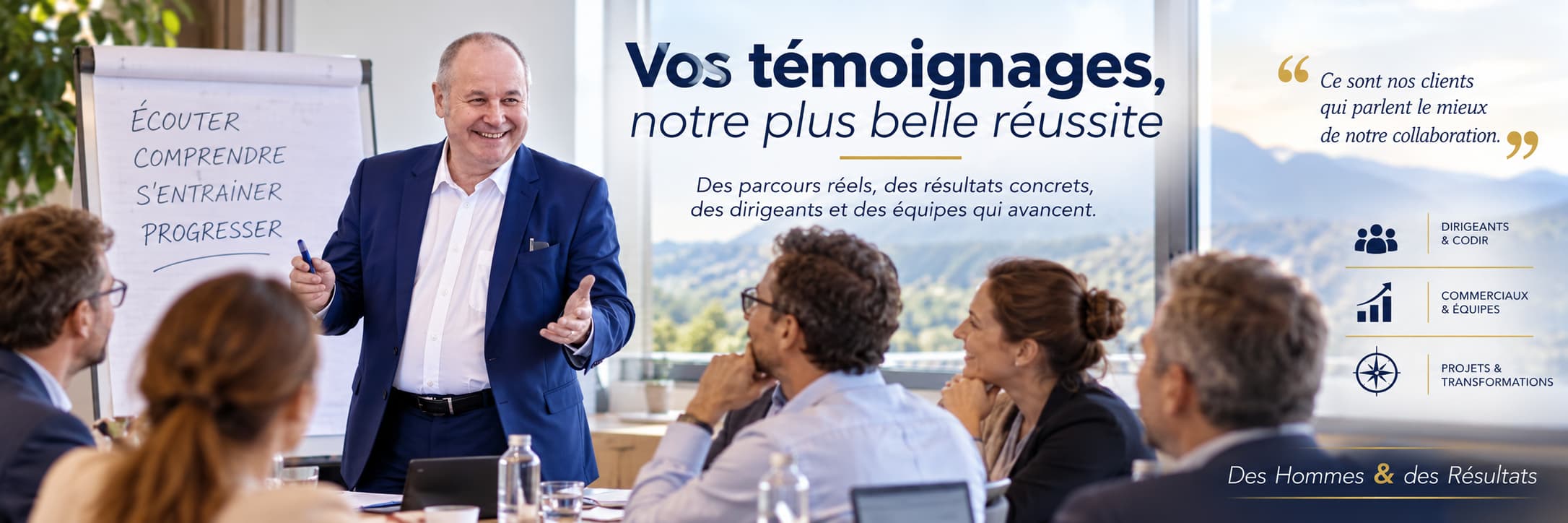 Marc Roussel anime une formation en communication avec des dirigeants, managers et commerciaux en situation d’entraînement.