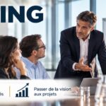 Dirigeant et comité de direction autour d'une table, de la vision aux projets, bannière de Marc Roussel