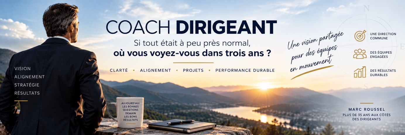 Dirigeant qui regarde l'horizon, bannière vision d'entreprise à trois ans de Marc Roussel