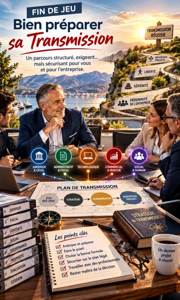 Transmission d’entreprise : préparer les aspects juridiques, fiscaux, administratifs, commerciaux et humains tout en restant maître de la décision.