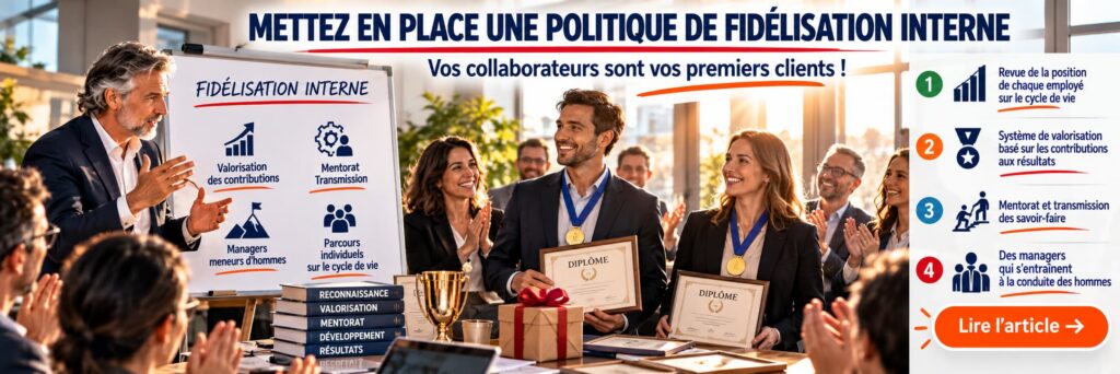 Fidélisation interne : valoriser les collaborateurs par la reconnaissance, les primes, les diplômes, le mentorat et le développement des compétences.