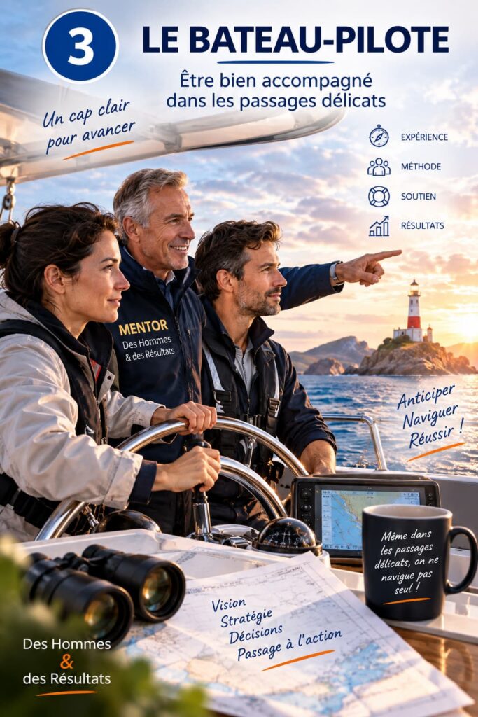 Un couple d’entrepreneurs accompagné par un mentor navigue vers son objectif, symbole de l’accompagnement lors du lancement d’une entreprise.