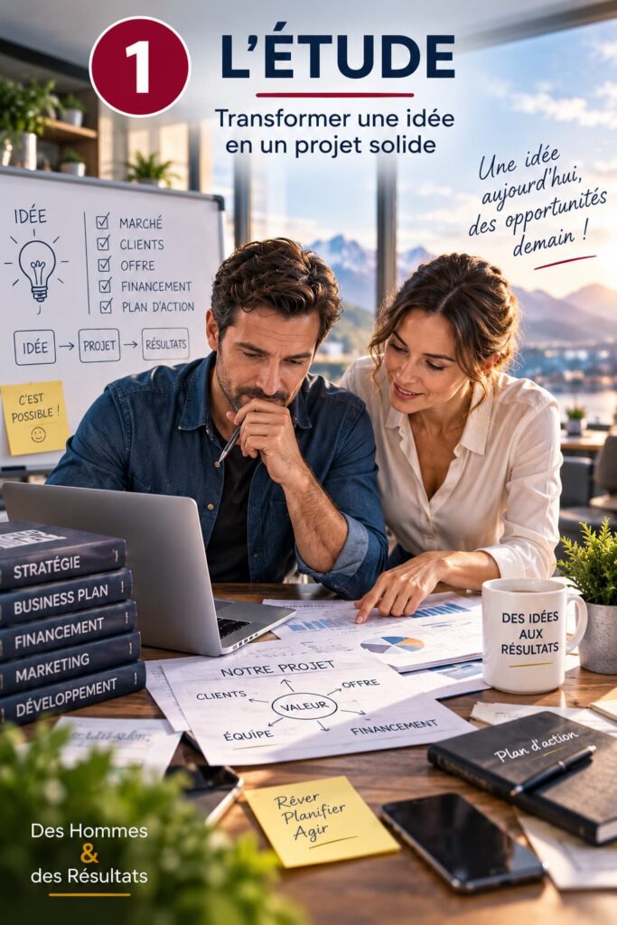Un couple d’entrepreneurs étudie son projet de création d’entreprise, du marché au financement et au plan d’action.