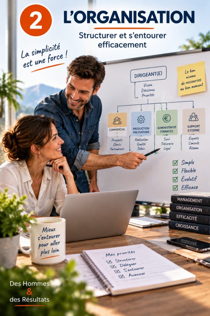 Un couple d’entrepreneurs construit un organigramme simple pour organiser les fonctions essentielles de son entreprise.