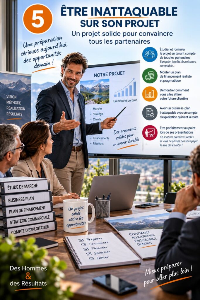 Entrepreneur présentant un projet solide à ses partenaires avec étude de marché, business plan, financement et stratégie commerciale.