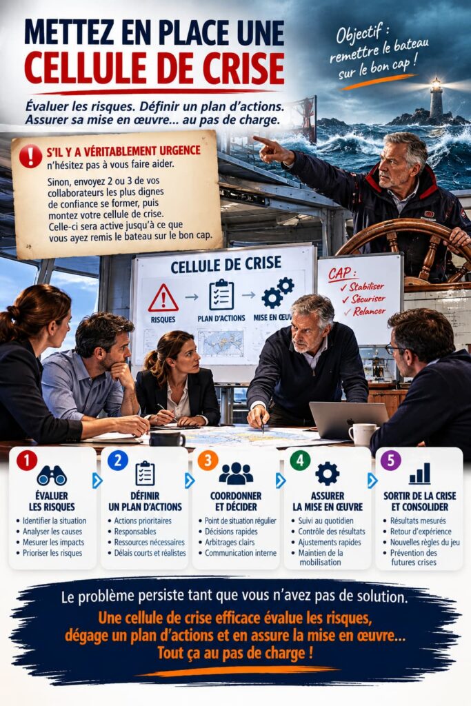 Cellule de crise en entreprise : évaluer les risques, définir un plan d’actions, coordonner les décisions et assurer rapidement leur mise en œuvre.