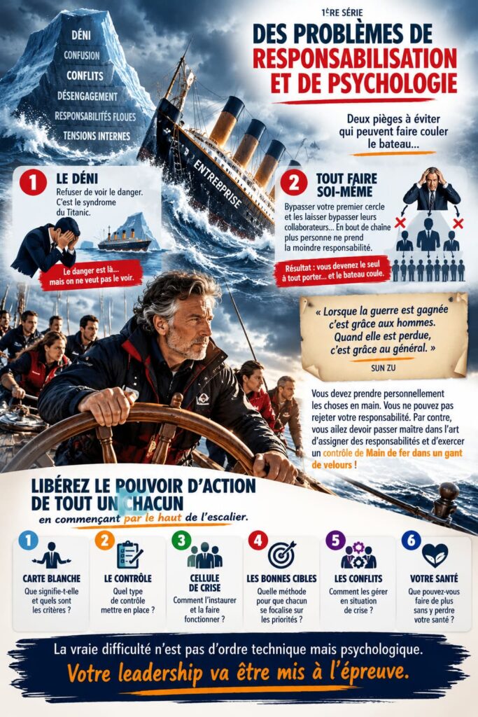 Phase multi-crises : éviter le déni et le piège de tout faire soi-même en responsabilisant les équipes et en exerçant pleinement son leadership.