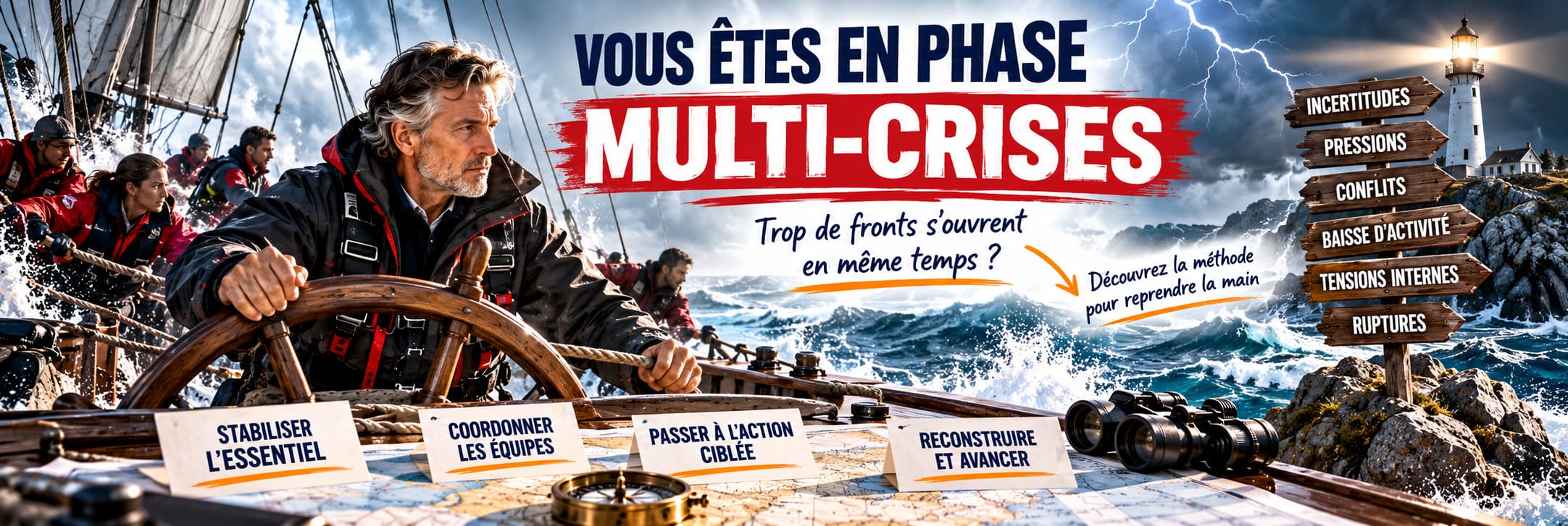 Phase multi-crises : dirigeant et équipes confrontés simultanément aux incertitudes, tensions internes, conflits, ruptures et baisse d’activité.