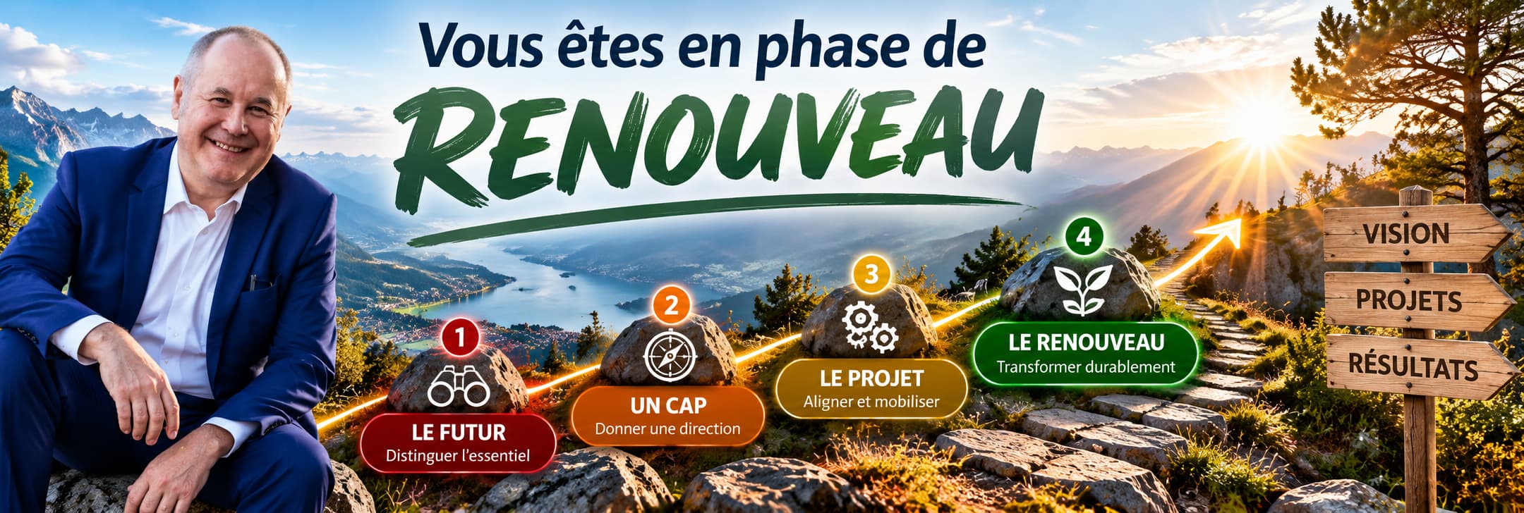 Phase de renouveau de l’entreprise : observer le futur, définir un cap, construire le projet et engager une transformation durable.