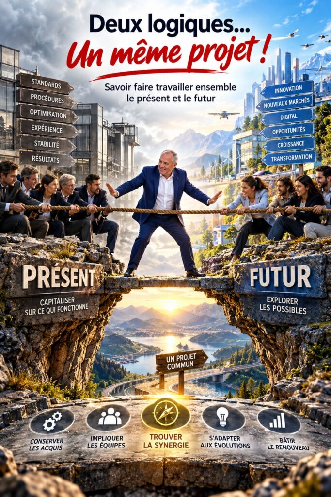Phase de renouveau : concilier les exigences du présent et la construction du futur pour transformer l’entreprise sans perdre les acquis qui fonctionnent.