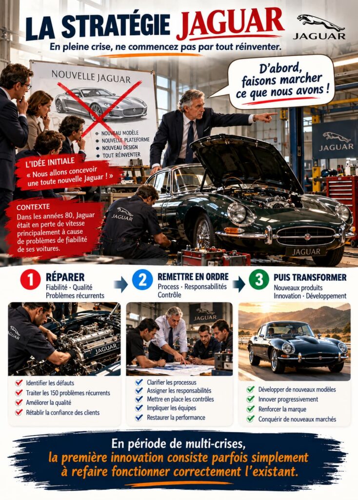 Stratégie Jaguar en période de multi-crises : réparer l’existant, remettre l’organisation en ordre puis engager la transformation.