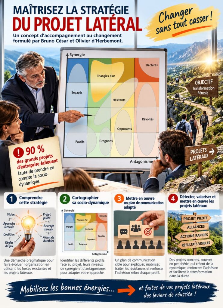 Stratégie du Projet Latéral : cartographier la synergie et l’antagonisme des acteurs pour adapter la communication, mobiliser les alliés et réussir le changement.