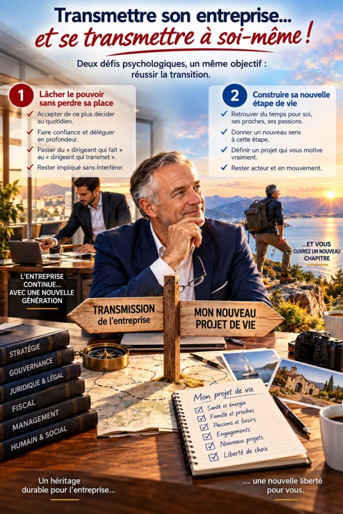 Transmission d’entreprise : le dirigeant doit à la fois lâcher progressivement le pouvoir et construire son propre projet de vie après la cession.