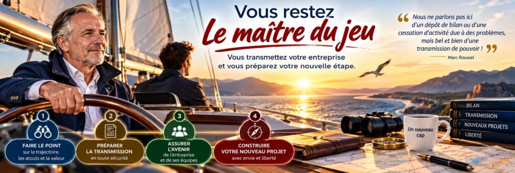 Transmission d’entreprise : le dirigeant reste maître du jeu, prépare la transmission de son pouvoir, sécurise l’avenir de l’entreprise et construit son nouveau projet de vie.