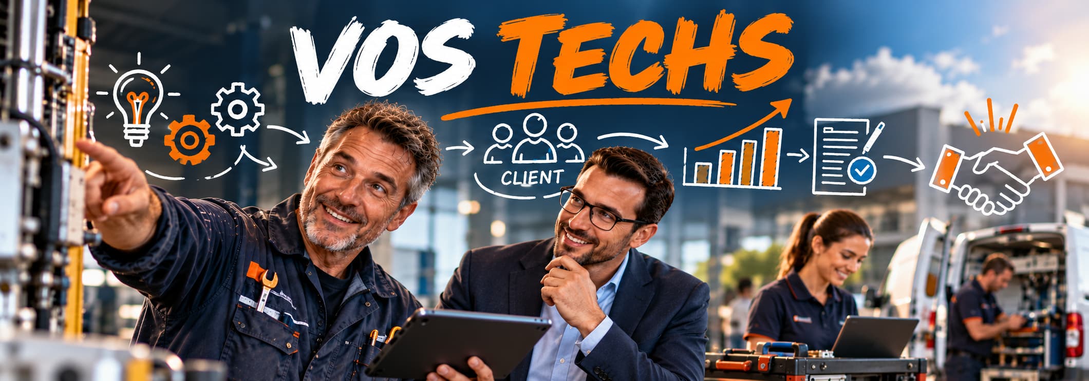 Techniciens et responsable en échange dans un atelier industriel, illustration du potentiel stratégique, commercial et client de la fonction technique.