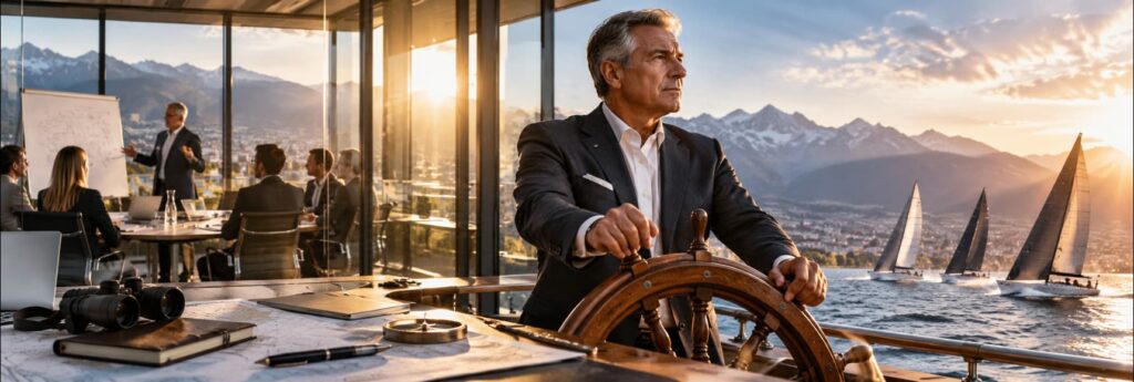 Dirigeant à la barre regardant l’horizon, symbole de cap stratégique et de pilotage de l’entreprise