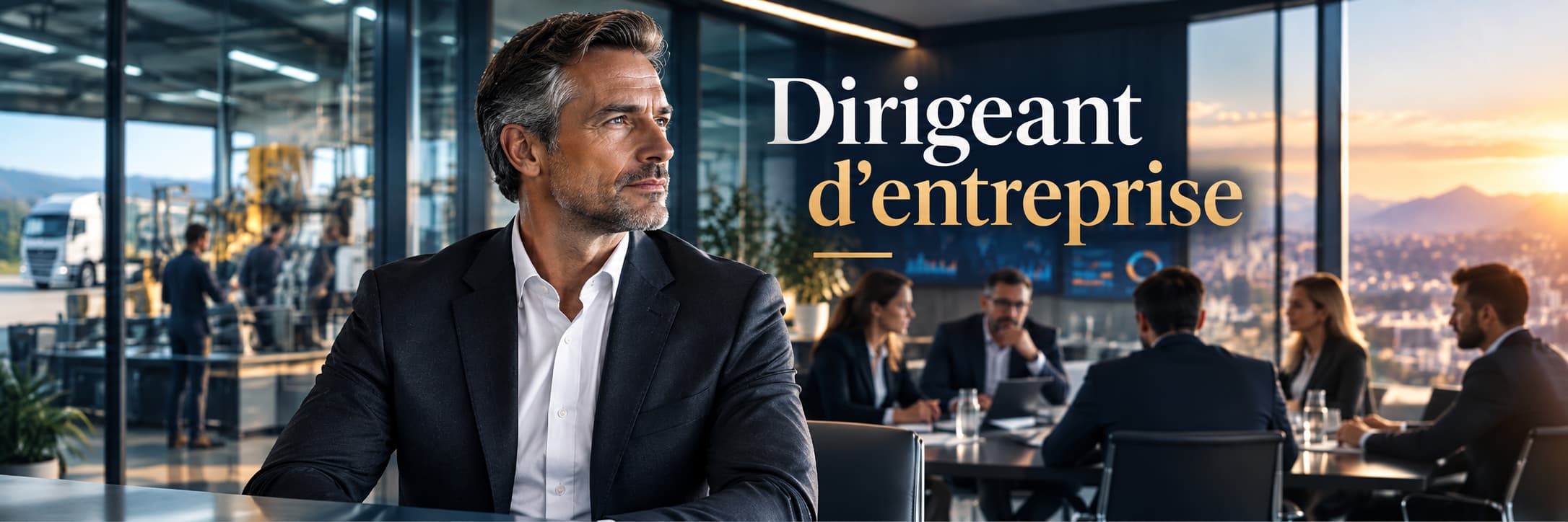 Dirigeant d’entreprise en réflexion stratégique avec équipe de direction, indicateurs de performance et environnement industriel