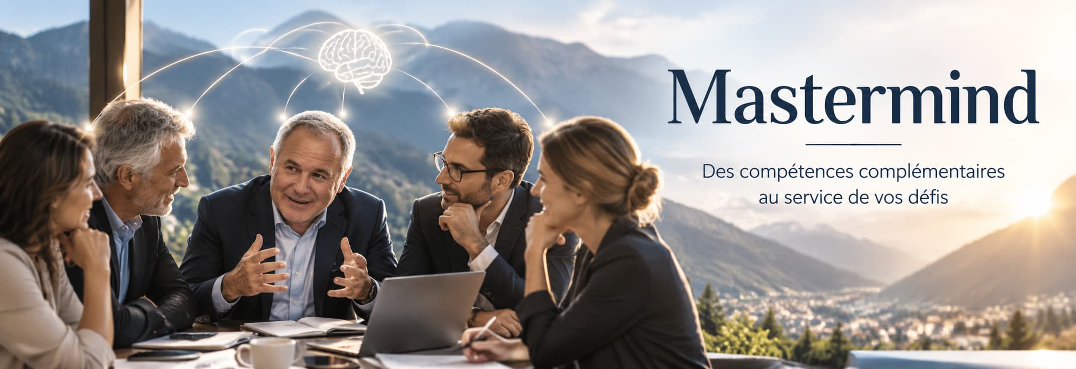 Équipe de dirigeants et partenaires réunis en Mastermind autour de compétences complémentaires