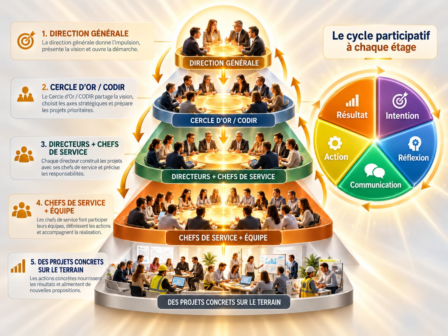 La transformation participative se diffuse de la direction générale jusqu'aux équipes opérationnelles. À chaque niveau, le cycle IRCAR associe Intention, Réflexion, Communication, Action et Résultat.