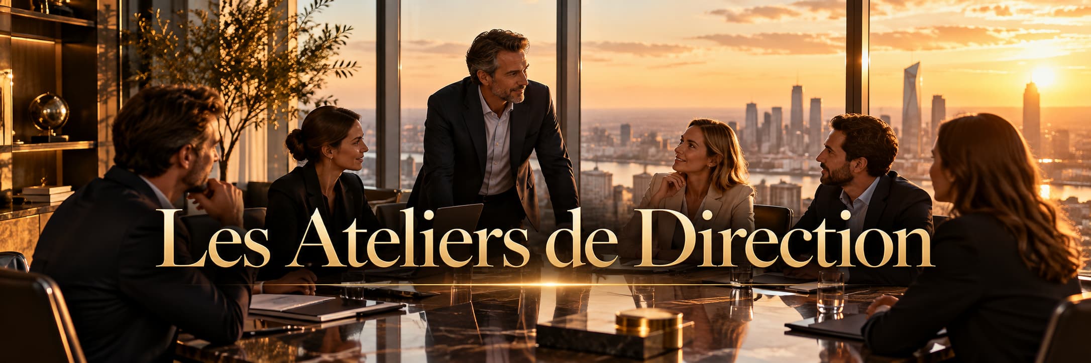 Une équipe de direction réunie autour d'une table de réunion, illustrant les ateliers de direction et la construction d'une vision stratégique commune.