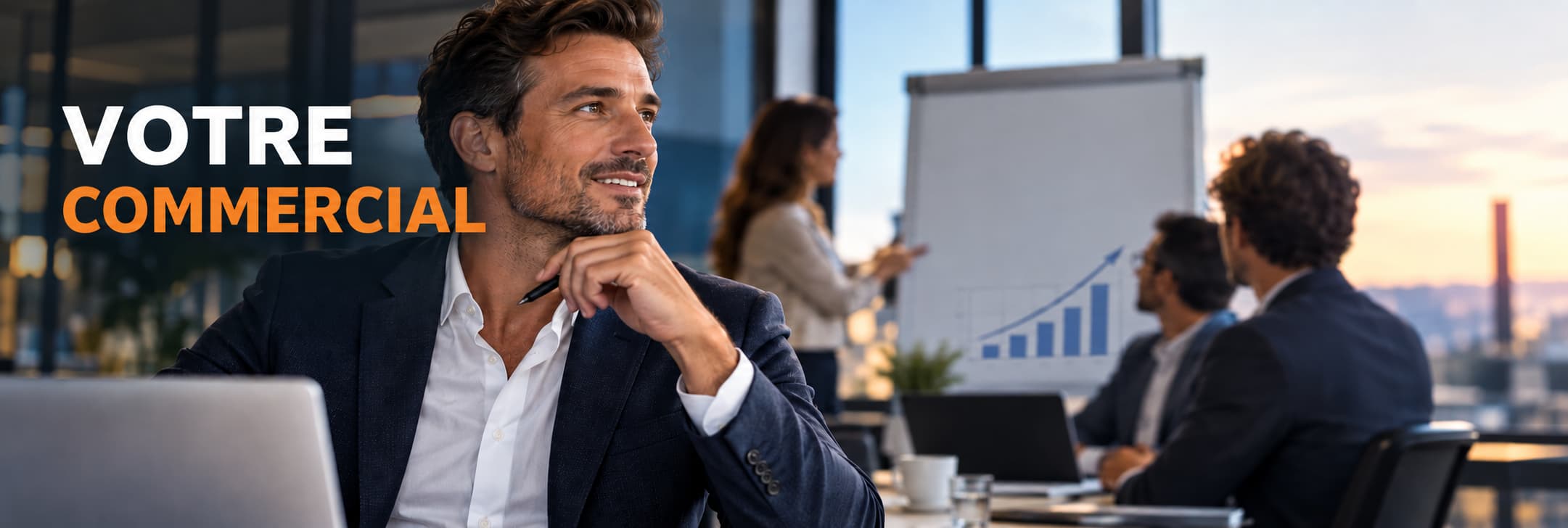 Commercial en rendez-vous avec une équipe de vente en arrière-plan.