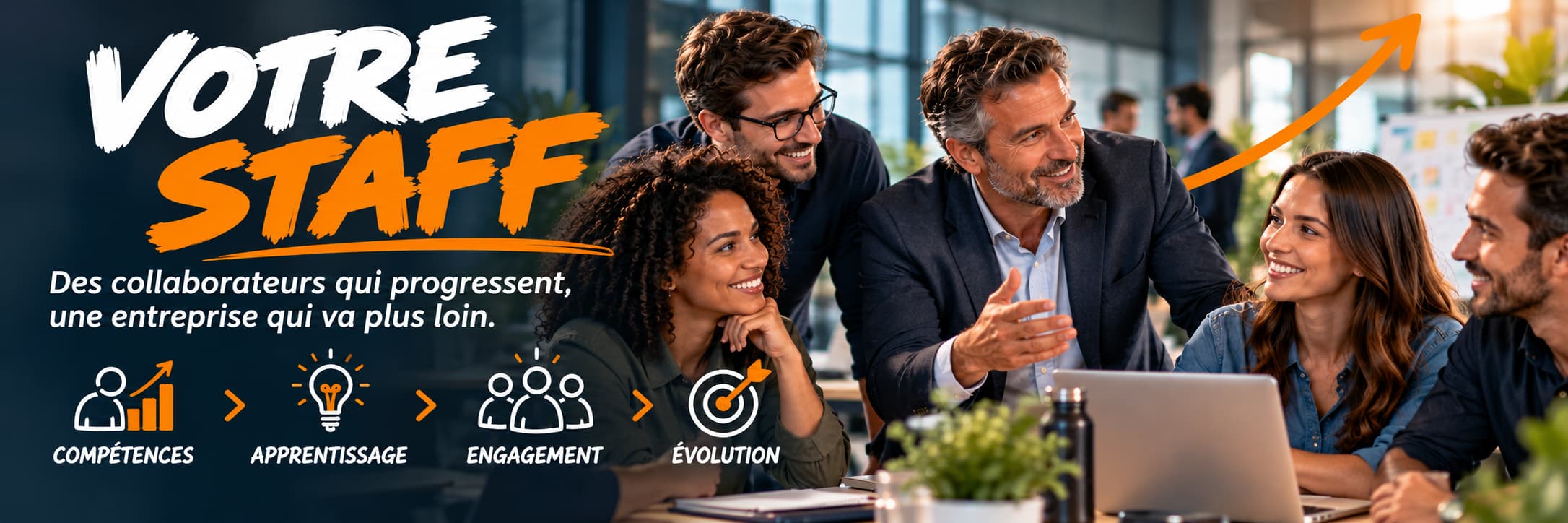 Équipe de collaborateurs en formation et en progression dans un environnement professionnel.